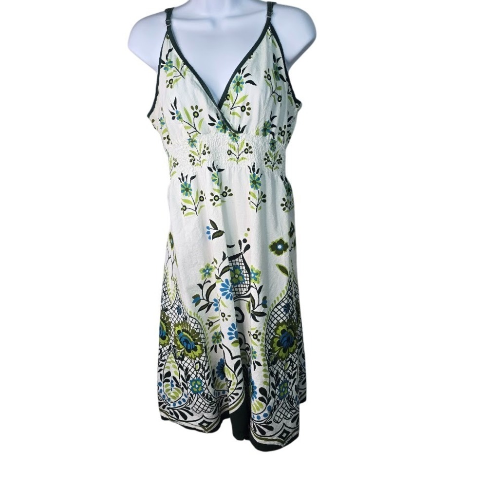 Cute Options Sun Dress Womens L Smocked Floral Paisley Boho V-Neck Coastal Indie